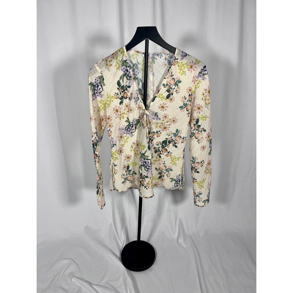 Zara Floral Tie Front Blouse Size Medium Sheer Long Sleeve Fairycore Top